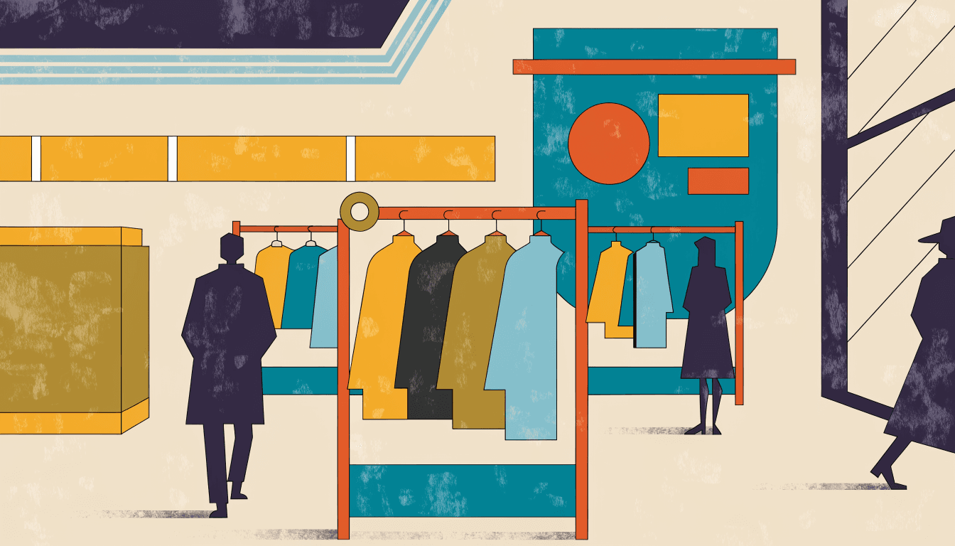 A calm near-monochrome editorial illustration of a contemporary fashion boutique floor inside a department store, with layered clothing racks.