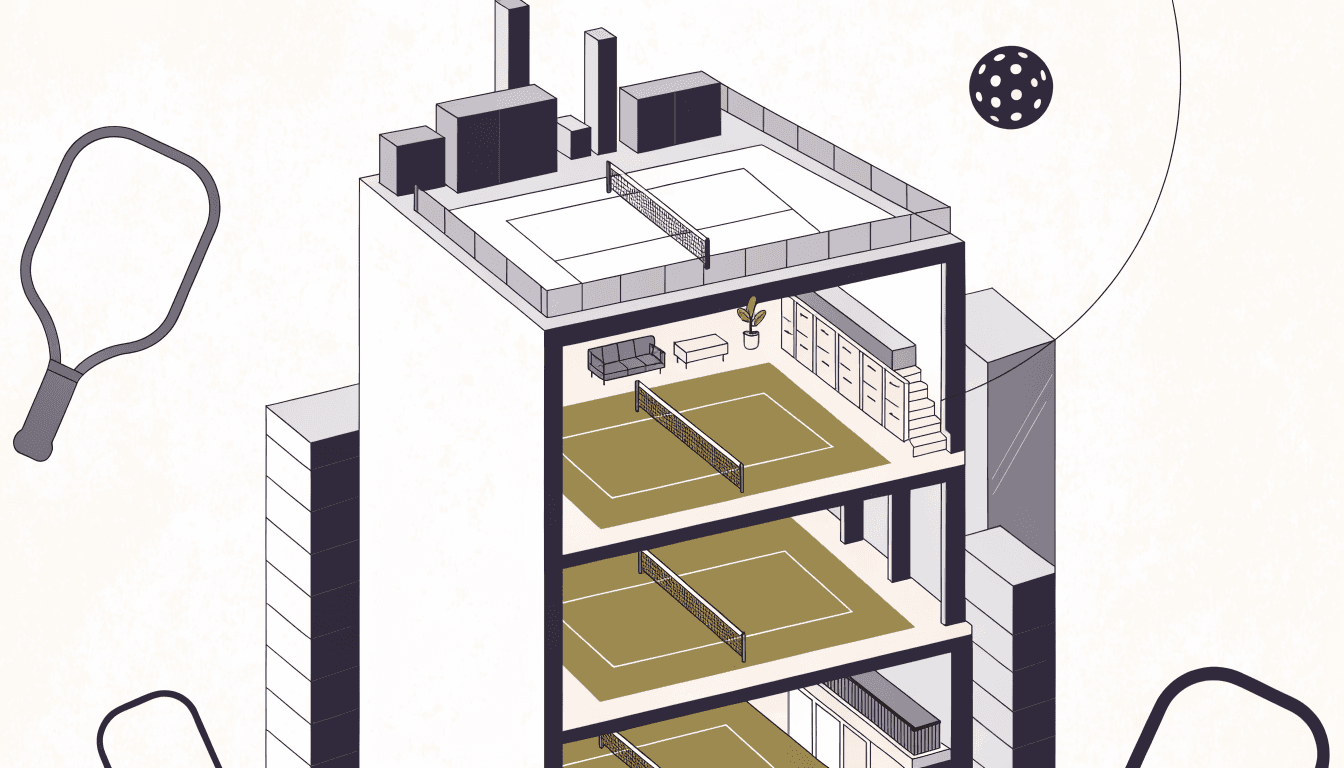 Illustration of a multi-storey urban building stacked with pickleball courts, a rooftop court, a lounge and lockers, with paddle and ball motifs.