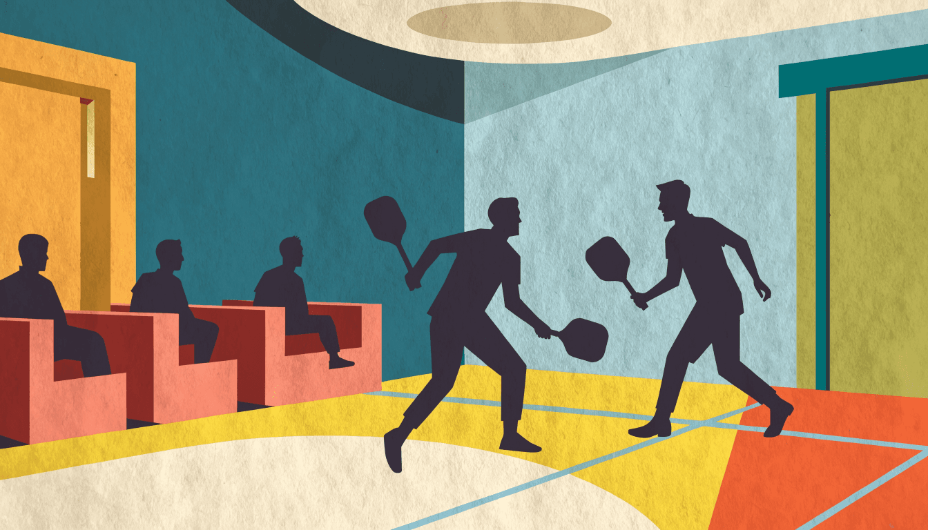 Editorial illustration of two silhouette figures playing pickleball on an indoor court, with three more silhouettes seated in box seating along the wall, warm gymnasium colours.