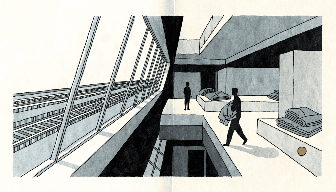 Editorial illustration of a minimalist clothing store inside a train-station shopping complex, garments wrapped in reusable cloth instead of bags, no text or logos.
