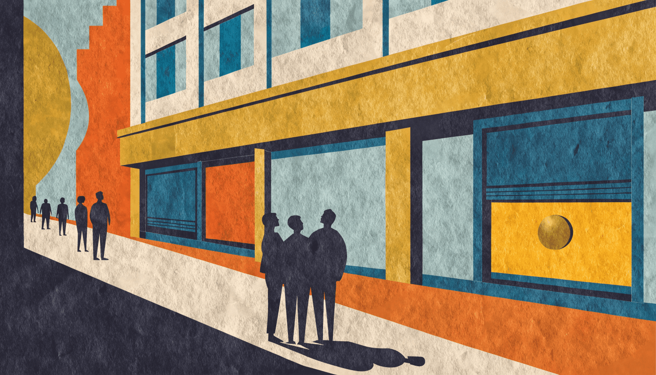 Editorial illustration of a department-store facade at dusk with its shutters half-drawn, a small queue of silhouetted shoppers looking up at the building, a single warm light still glowing in one window.