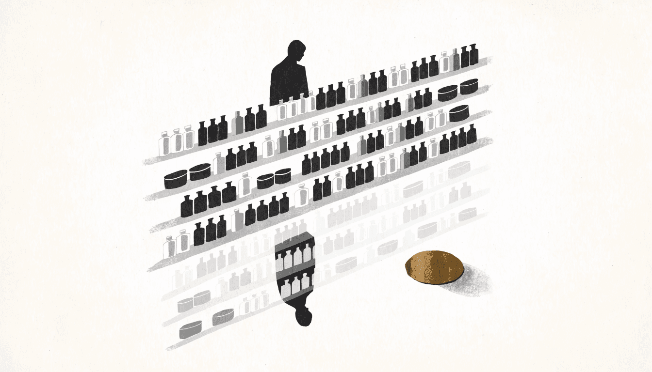 A calm near-monochrome editorial illustration of a beauty pop-up counter with tiered shelves of small skincare bottles and jars, reflected below, and a silhouetted shopper browsing.