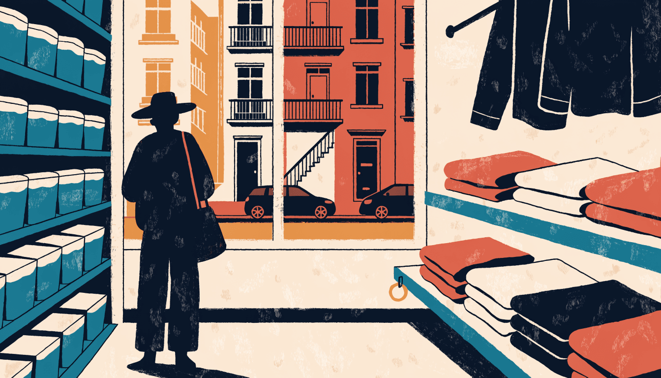 Illustration of a convenience-store aisle with a small new corner of neatly folded apparel beside the usual shelves, a customer silhouette browsing