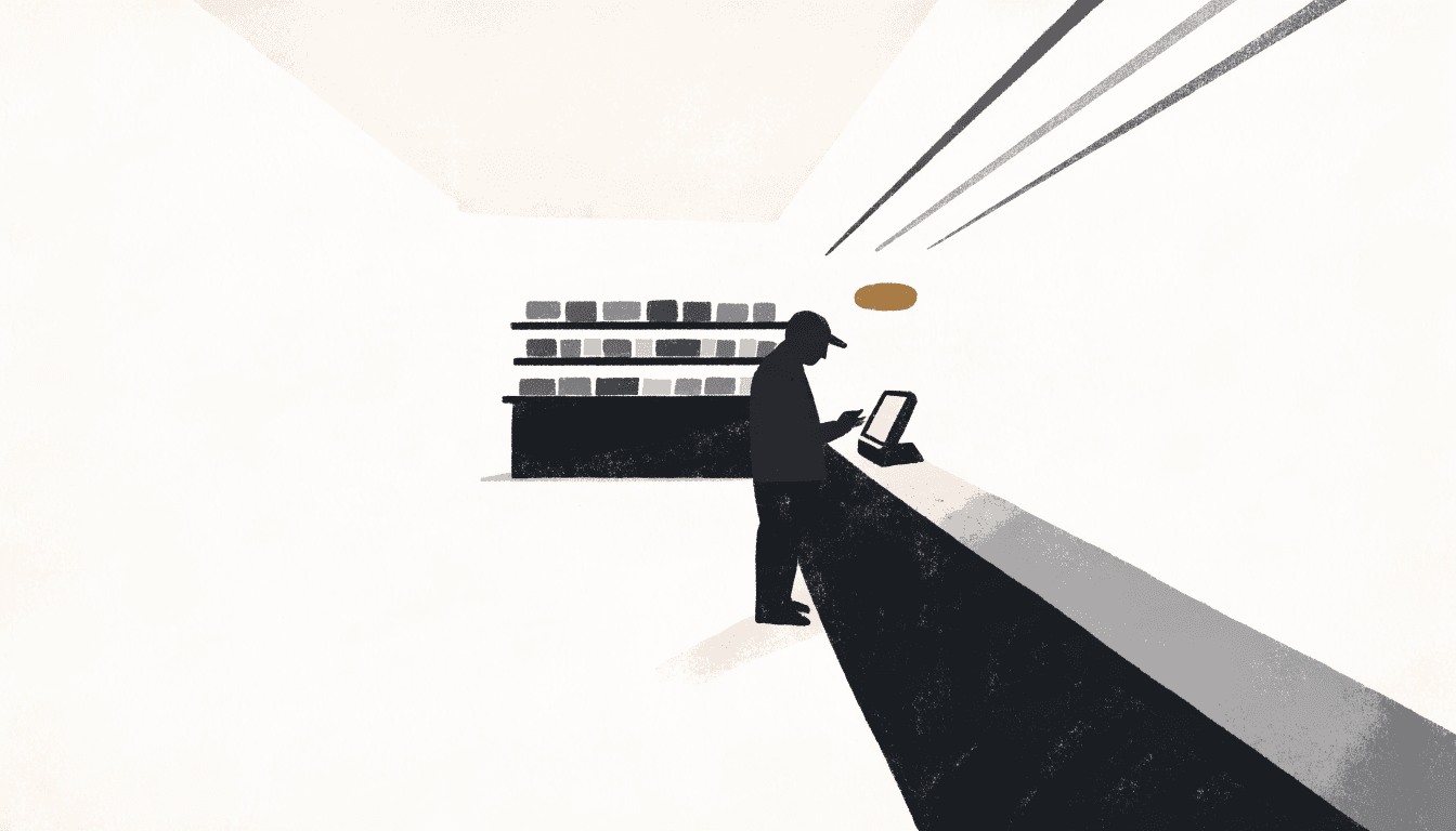 Editorial illustration of a convenience-store checkout counter at night, a customer paying at a small digital terminal.