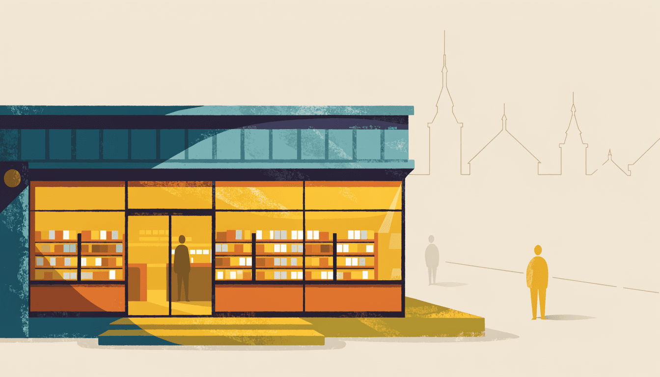 Editorial illustration of a glowing Japanese convenience-store storefront at night, with a faint European city skyline receding in the background.