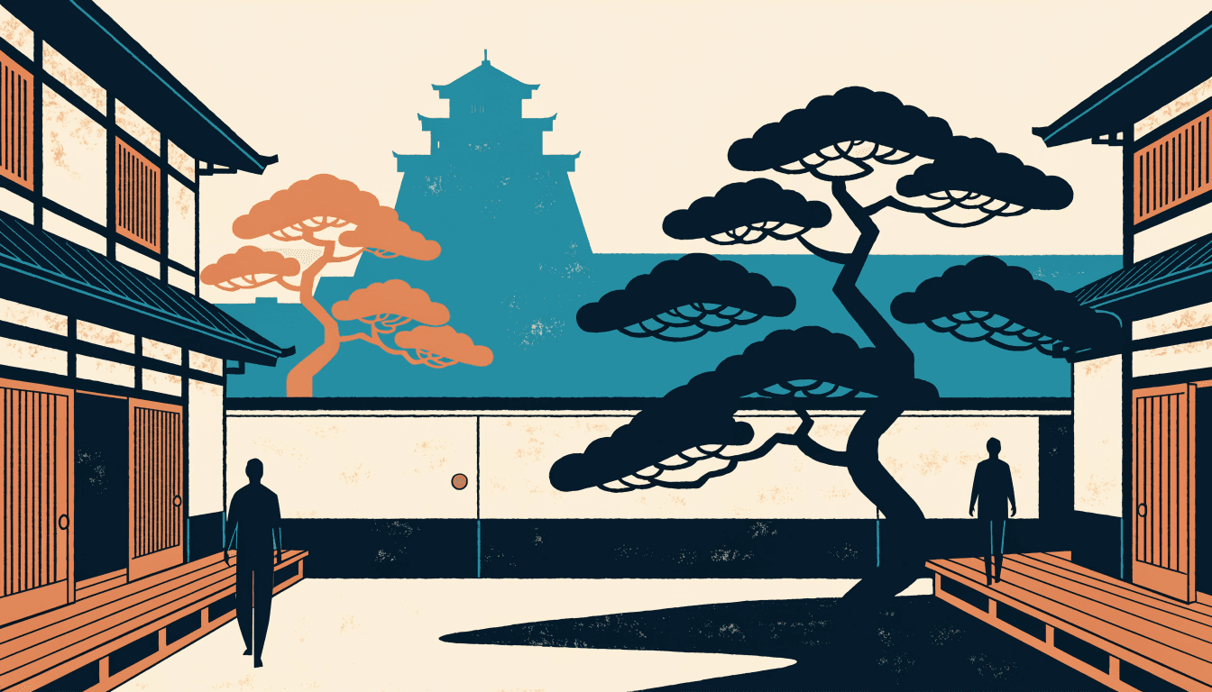Editorial illustration of a quiet Kyoto heritage residence courtyard, with traditional verandas, a manicured garden and a glimpse of castle stone walls and moat beyond, in warm editorial colour.