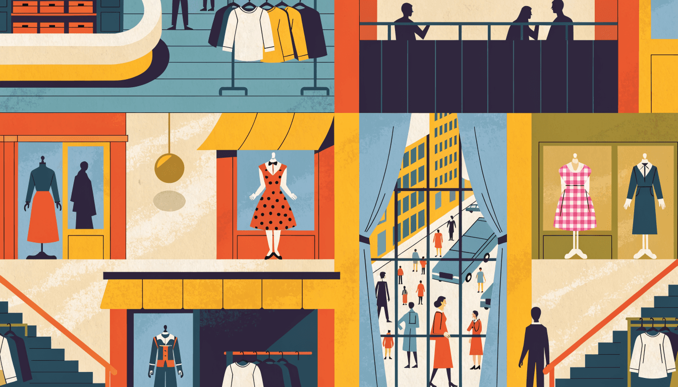 Illustration of a multi-floor youth-fashion department store with layered boutique storefronts and a lively street view.