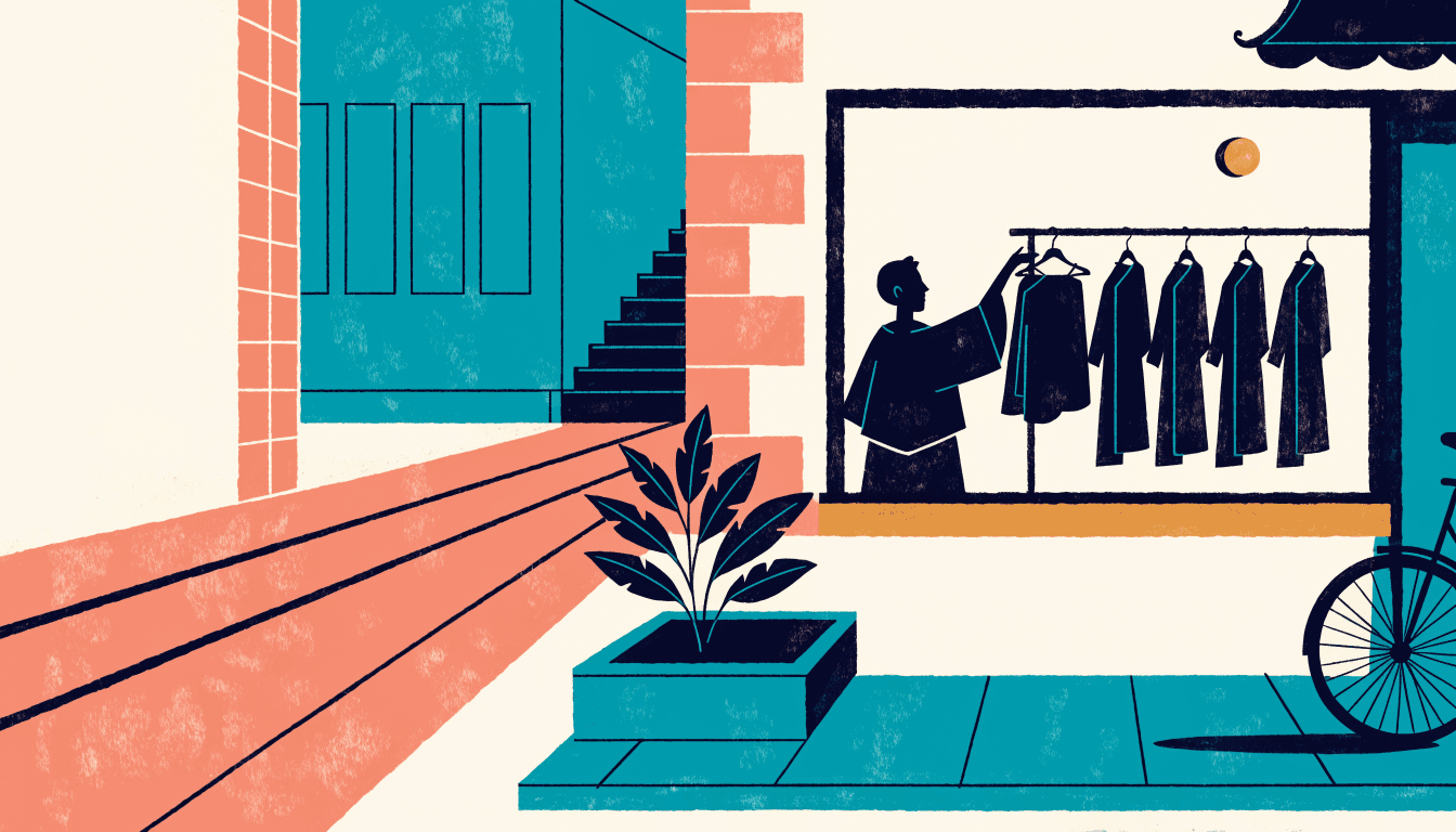 A calm illustration of a modest roadside clothing store in a Japanese suburban shopping street at dusk, seen from outside, with a silhouette figure rearranging a clothing rack visible through the window.