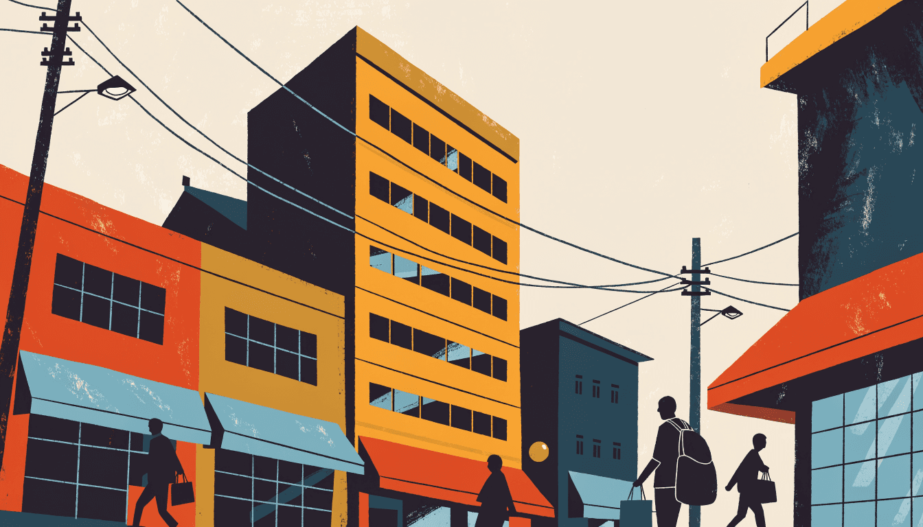 Editorial illustration of a narrow Kyoto shopping street at dusk, a tall new seven-storey building rising among older low-rise shopfronts, a small cluster of silhouetted tourists with cameras and shopping bags.