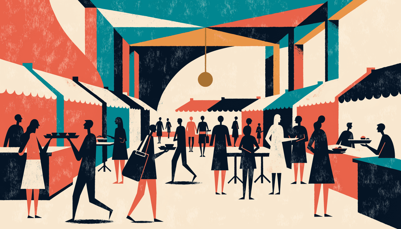 Warm editorial illustration of a bustling department store food festival floor with small stalls and awnings, silhouette shoppers sampling dishes.