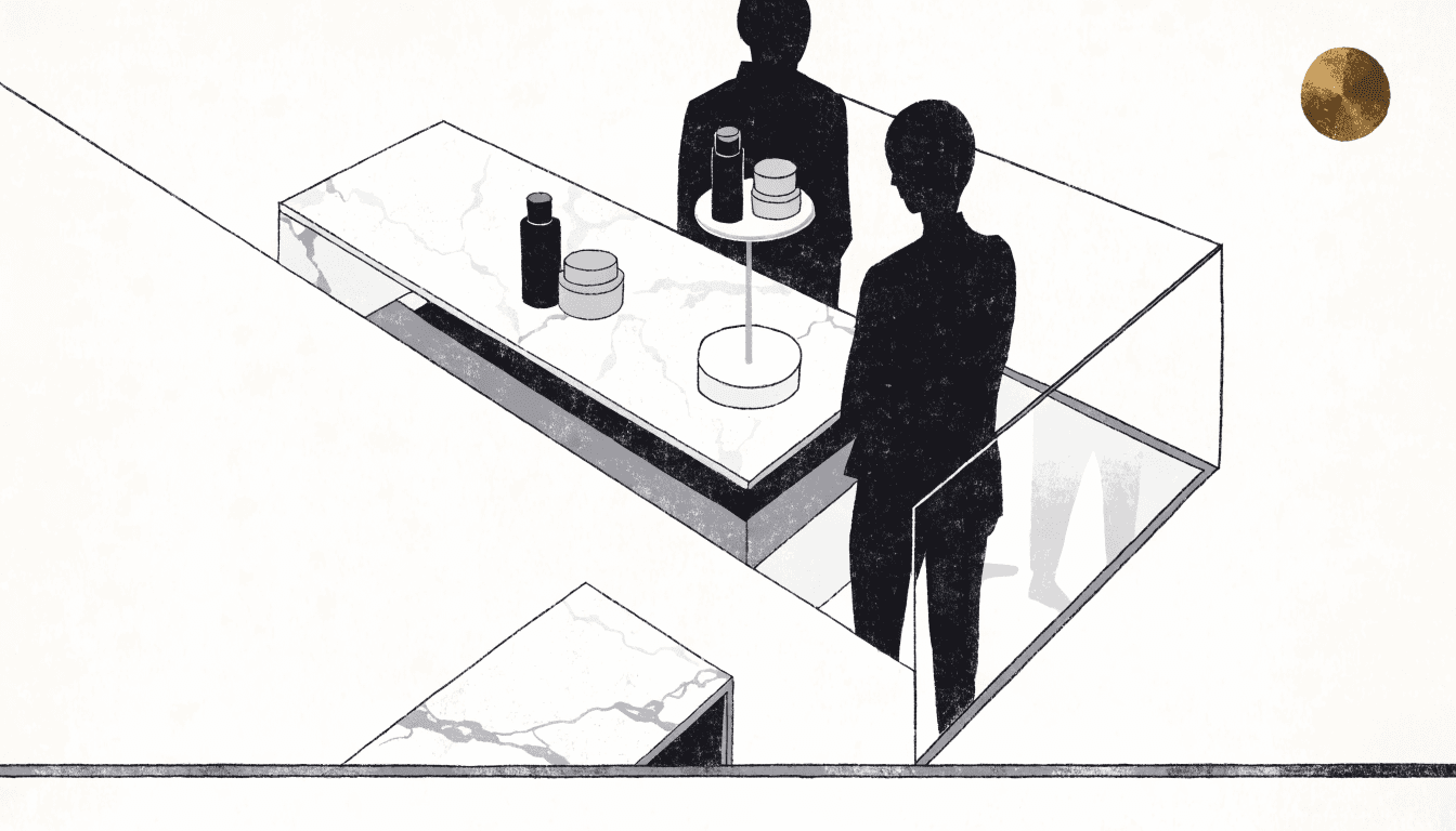 Calm editorial illustration of a refined department-store beauty counter, soft glass and marble surfaces, a few unlabeled skincare bottles and jars arranged on a display stand, a silhouette shopper being attended by a silhouette beauty consultant from behind, warm ambient lighting suggesting an upscale Tokyo cosmetics floor.