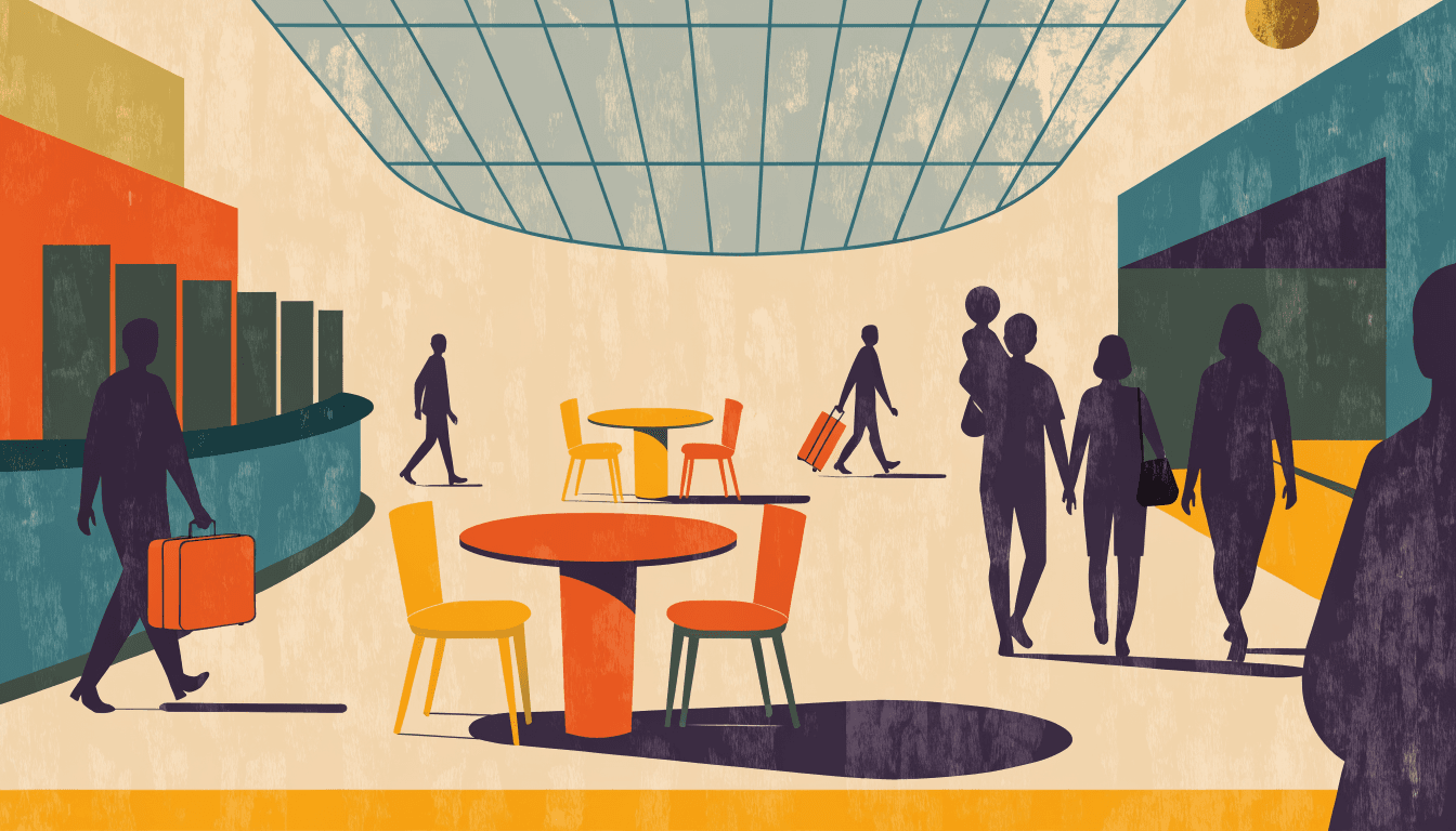 Illustration of a busy shopping-mall dining concourse with families and travellers under a skylight