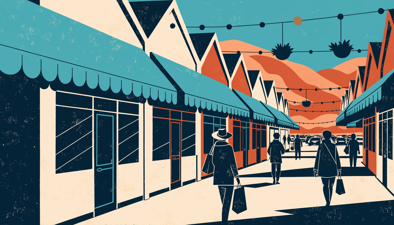 Flat-vector illustration of an open-air outlet-mall promenade lined with gabled shopfronts, planters and overhead string lighting, with silhouette shoppers carrying bags along the walkway.