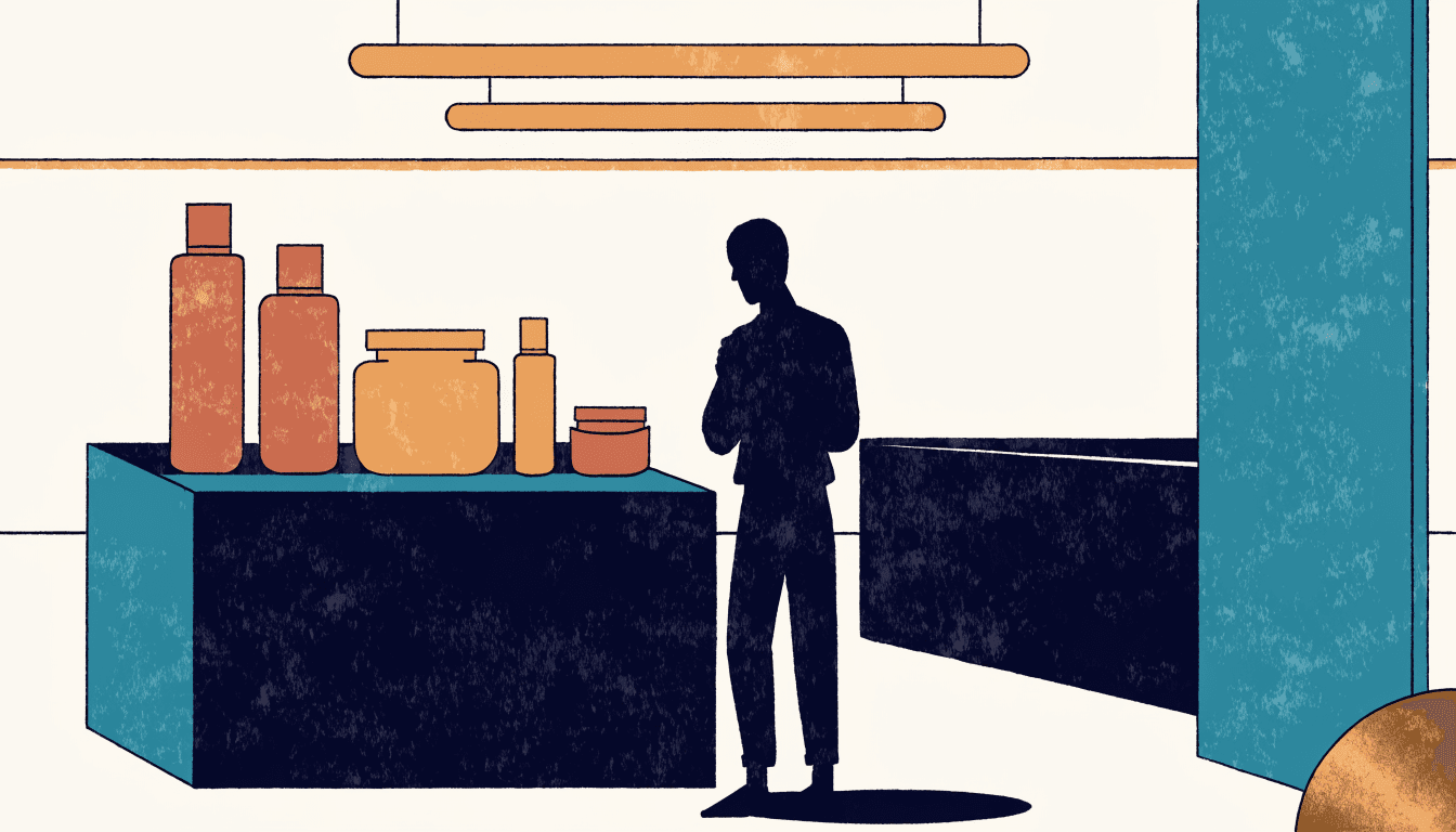 Illustration of a department-store beauty pop-up counter with skincare bottles and jars arranged on a plinth, and a silhouette shopper browsing beside it.