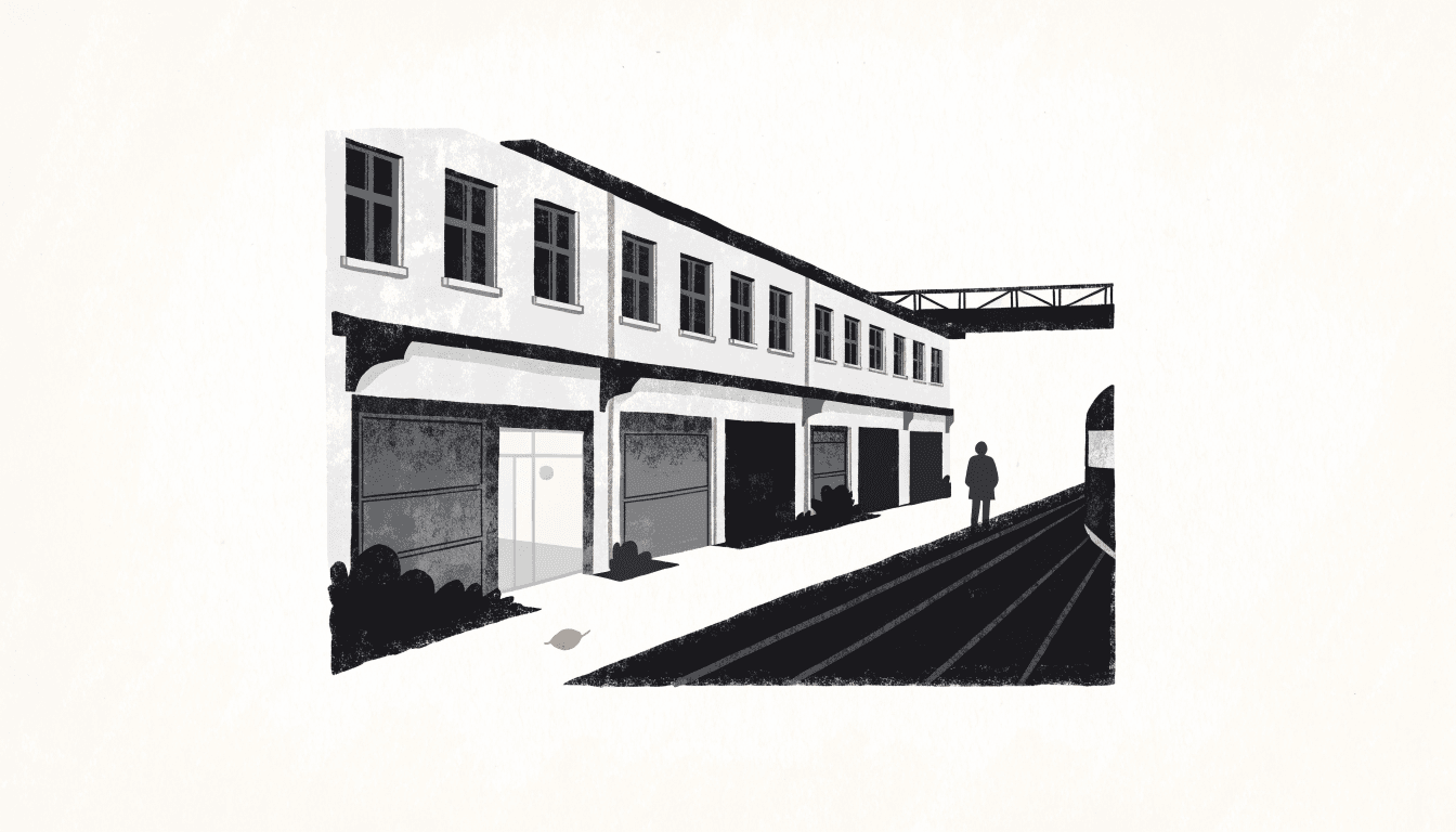 Editorial illustration of an ageing two-storey station-front shopping building beside the tracks, most shutters down and one entrance lit, a lone commuter in silhouette.