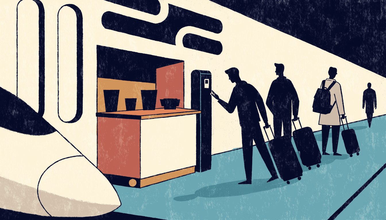 Editorial illustration of a compact takeout coffee counter on a train platform with a bullet train nose visible and commuters tapping a payment reader