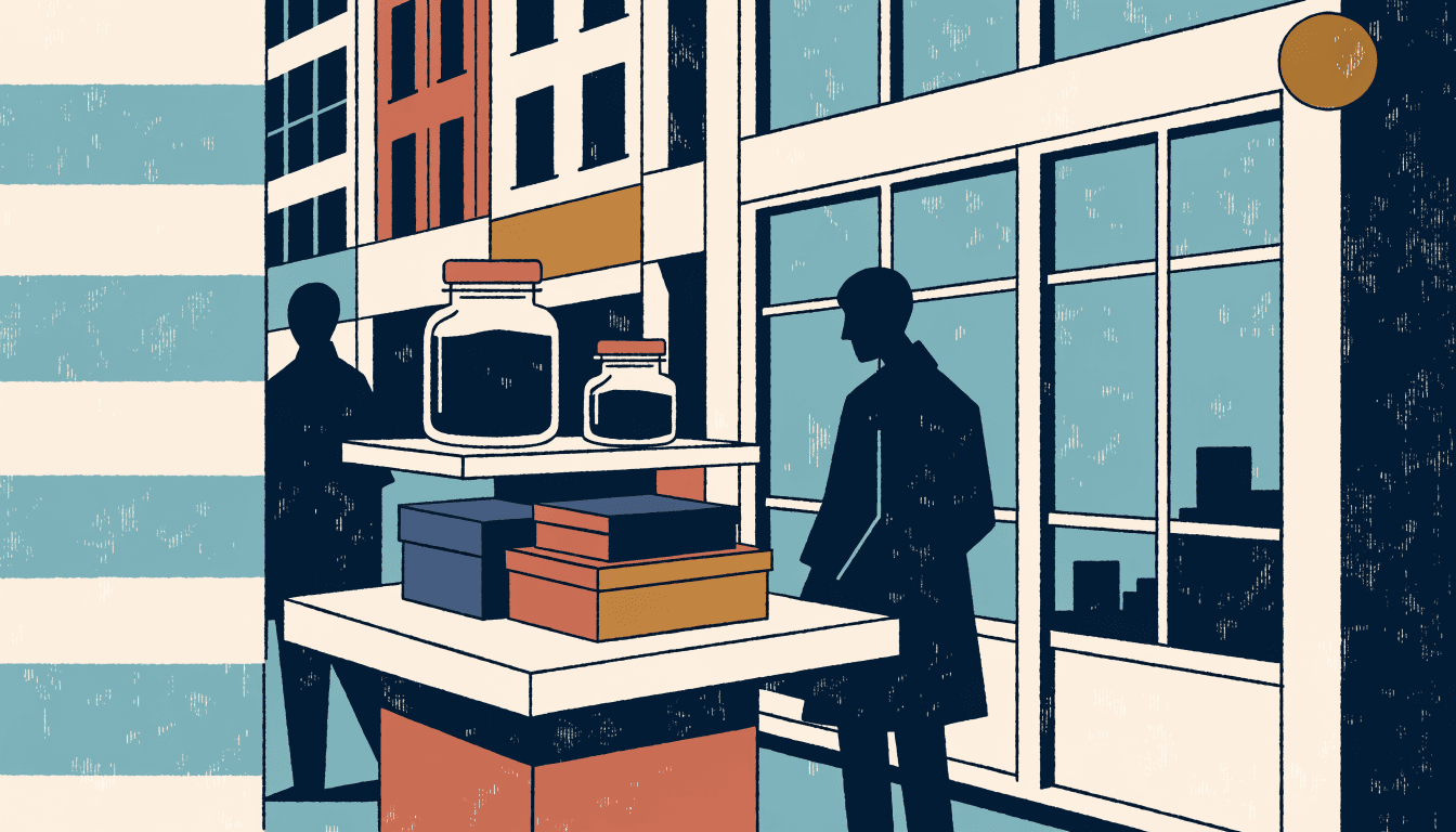 A warm editorial illustration of a department-store beauty-hall pop-up counter, with skincare jars and gift boxes displayed against a city window.