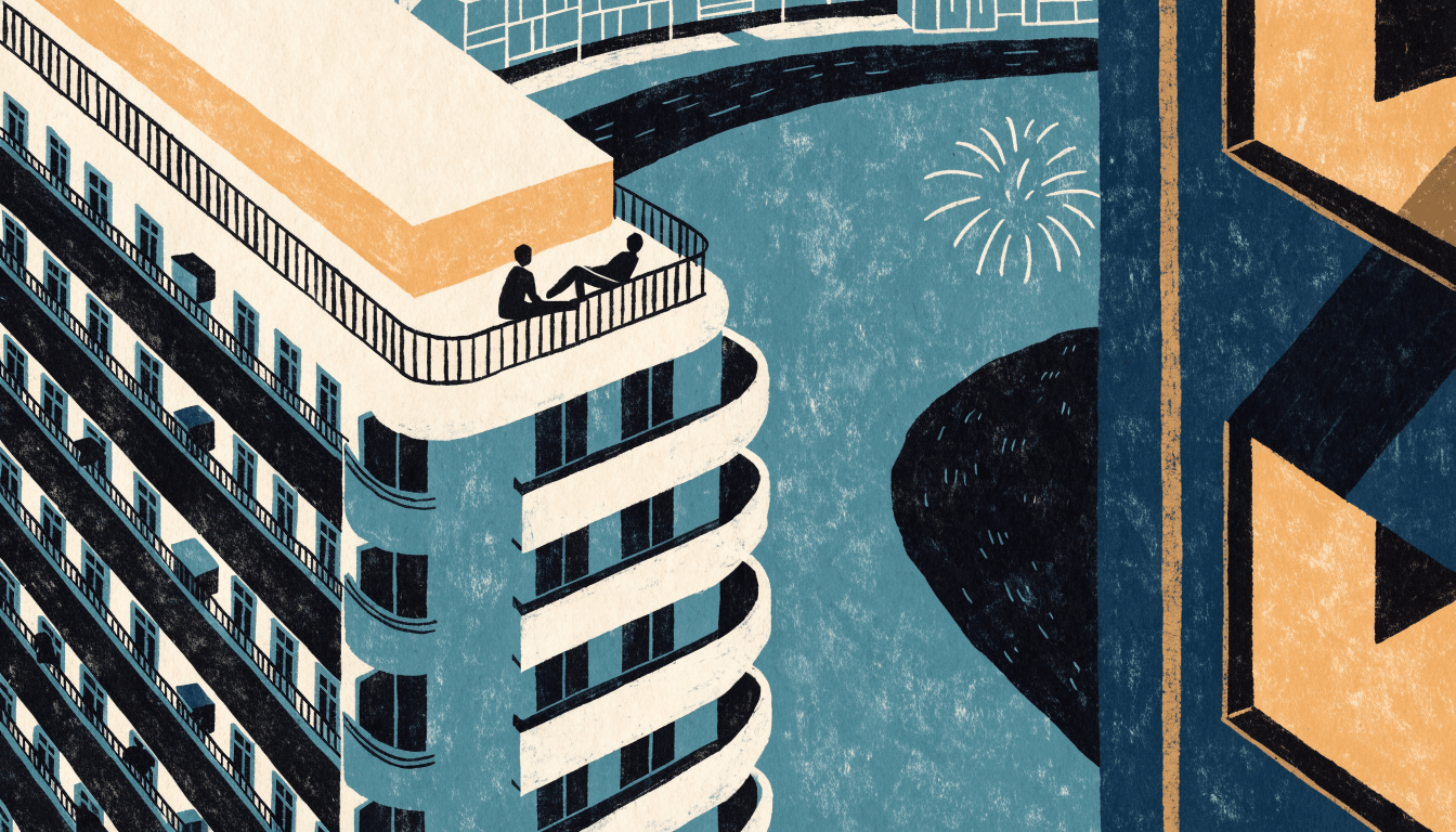 Editorial illustration of a rooftop terrace at a seaside resort hotel at dusk with distant fireworks