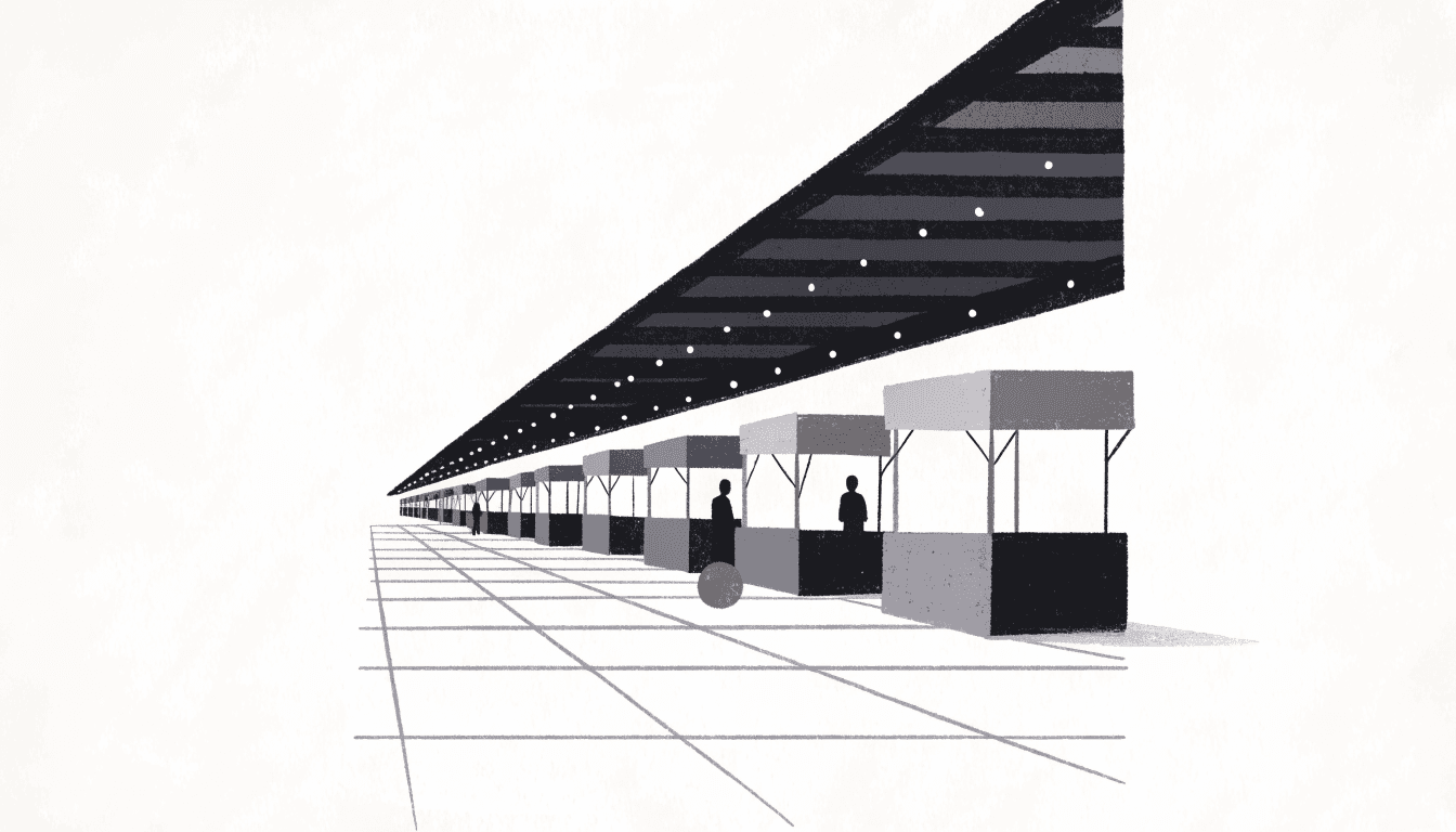 Calm editorial illustration of an underground shopping arcade lined with small market stalls, a long diagonal corridor with a few silhouette figures browsing craft and food stands.