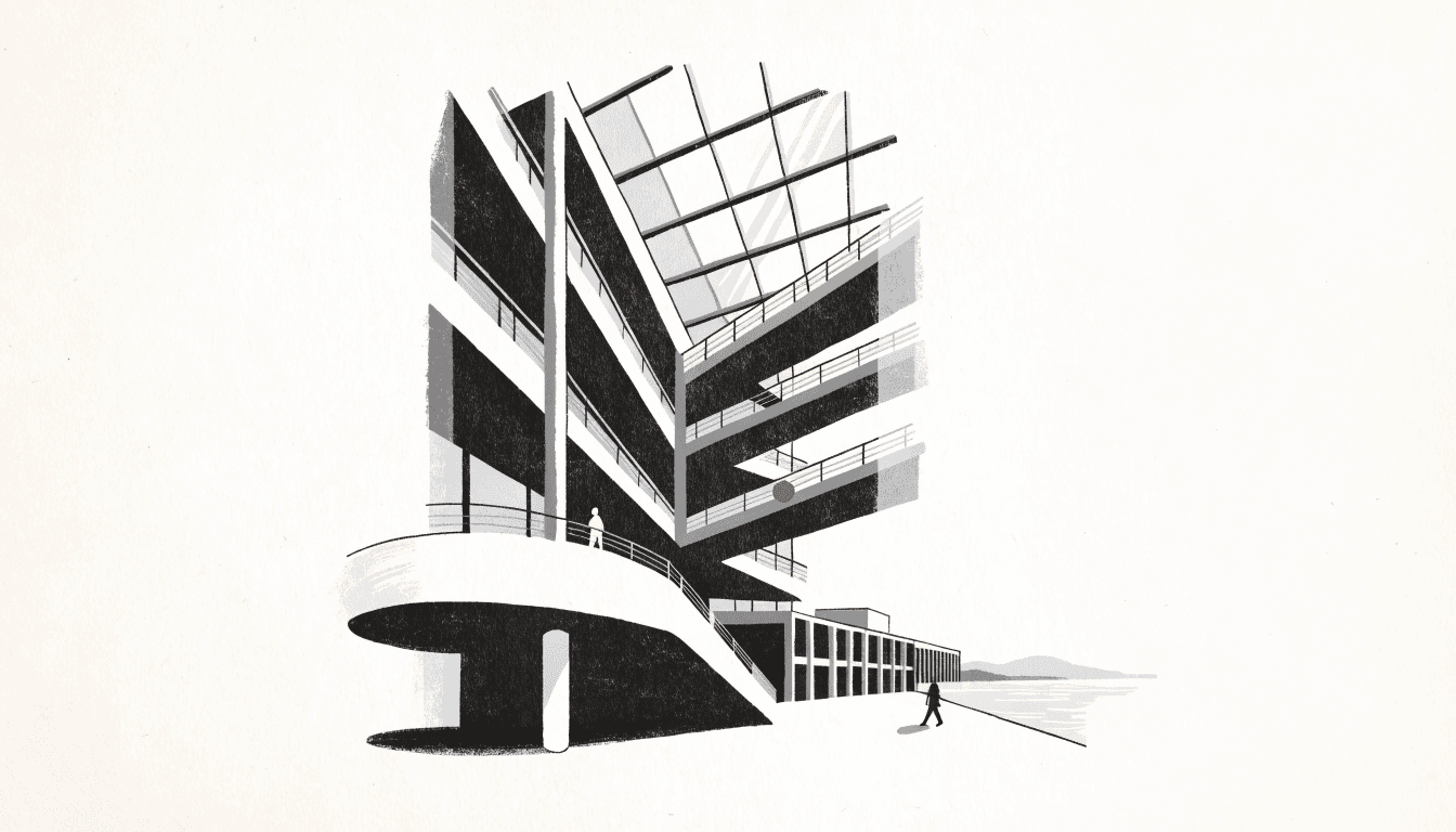 Editorial illustration of a soaring layered shopping-mall atrium seen from below, with a calmer harbour-view promenade in the distance and a single silhouette figure on a walkway, near-monochrome grey and ink tones with one small brass accent, no text or logos.