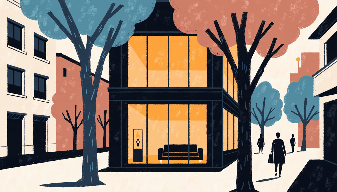 Editorial illustration of a two-floor watch boutique glowing on a tree-lined Tokyo avenue at dusk