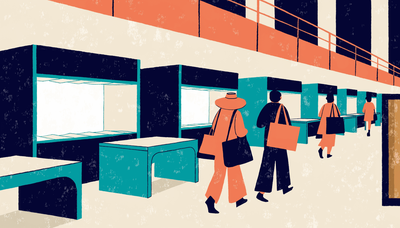 Editorial illustration — international shoppers with tote bags on a Japanese department-store tax-free floor.