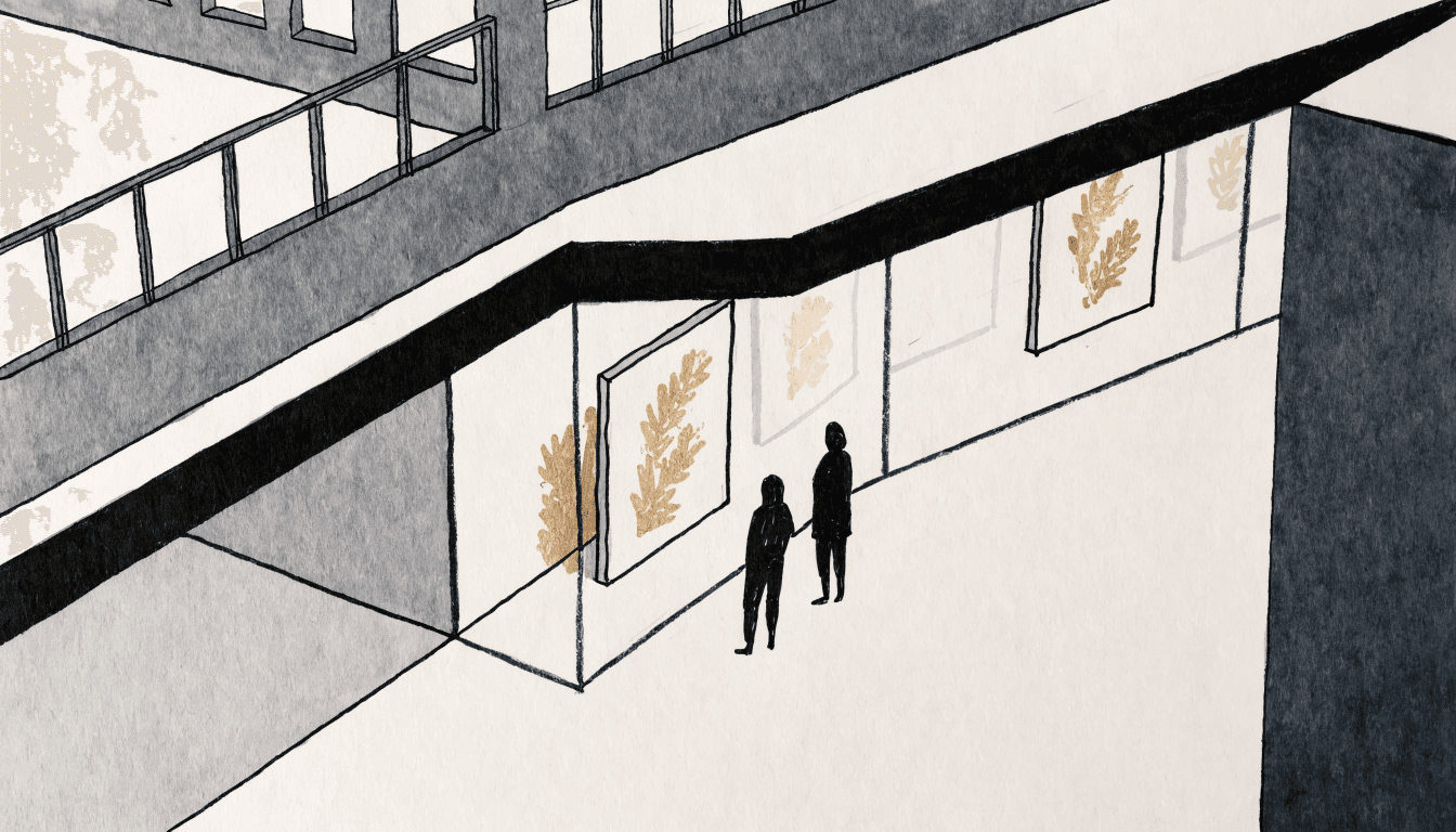 Calm editorial illustration of a department-store gallery corridor with framed gold-leaf prints glowing softly along the wall, two silhouette visitors below.