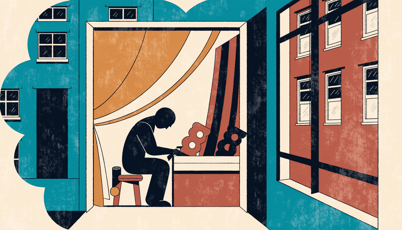 Calm near-monochrome editorial illustration of a kimono textile atelier with hand stencils and fabric bolts, a silhouette figure at a workbench.