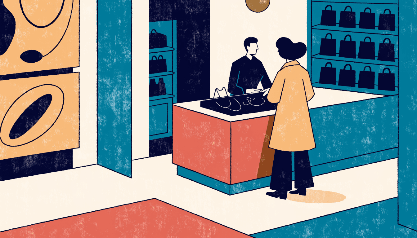 Illustration of a Japanese department-store luxury counter, a shopper being attended to by a sales associate amid shelves of gift bags, warm flat-vector style.