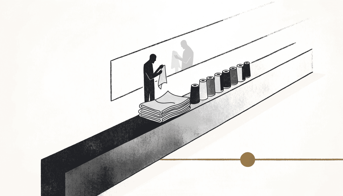 Illustration of a department-store menswear floor mid-transformation into a textile workshop, with folded suit fabric and spools of thread on a long diagonal counter, one silhouette figure examining cloth.