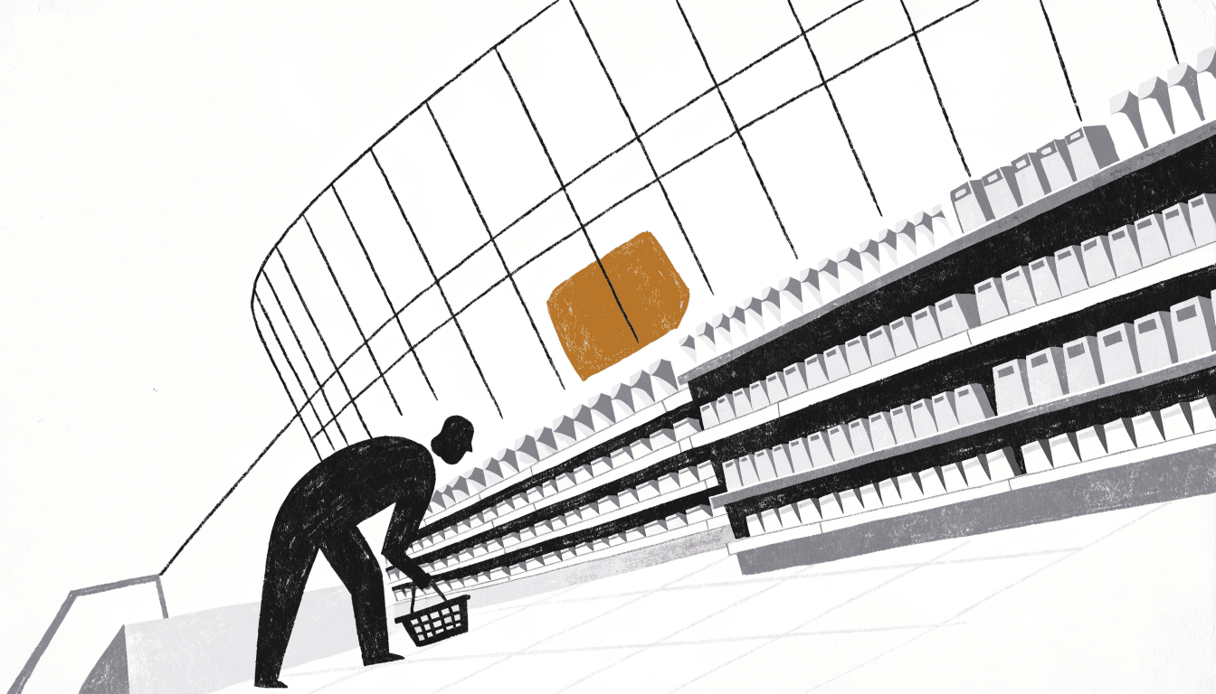 A calm near-monochrome editorial illustration of a department-store food hall seen from an angled vantage, with a silhouetted shopper browsing chilled shelves of neatly packaged frozen meals.
