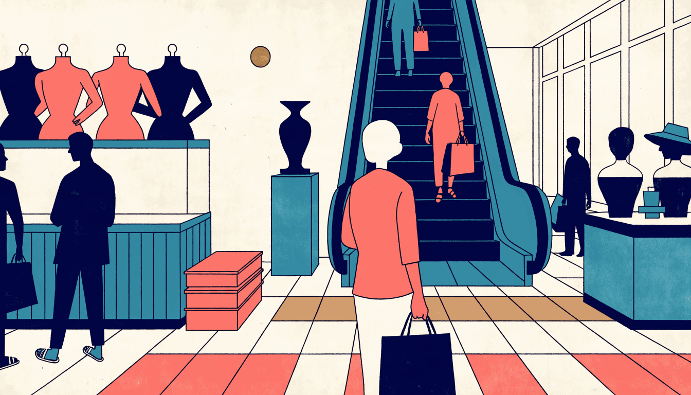 Editorial illustration of shoppers browsing a Japanese department-store floor near an escalator during a summer sale