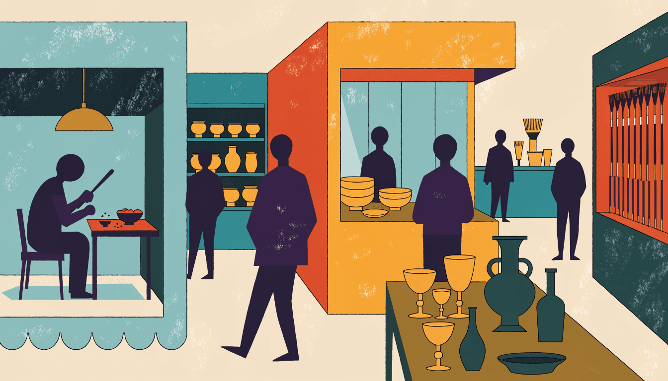 Editorial illustration of a department-store exhibition hall lined with craft stalls -- lacquerware, cut glass, brushes -- and a craftsperson demonstrating at a low table, in warm near-monochrome.