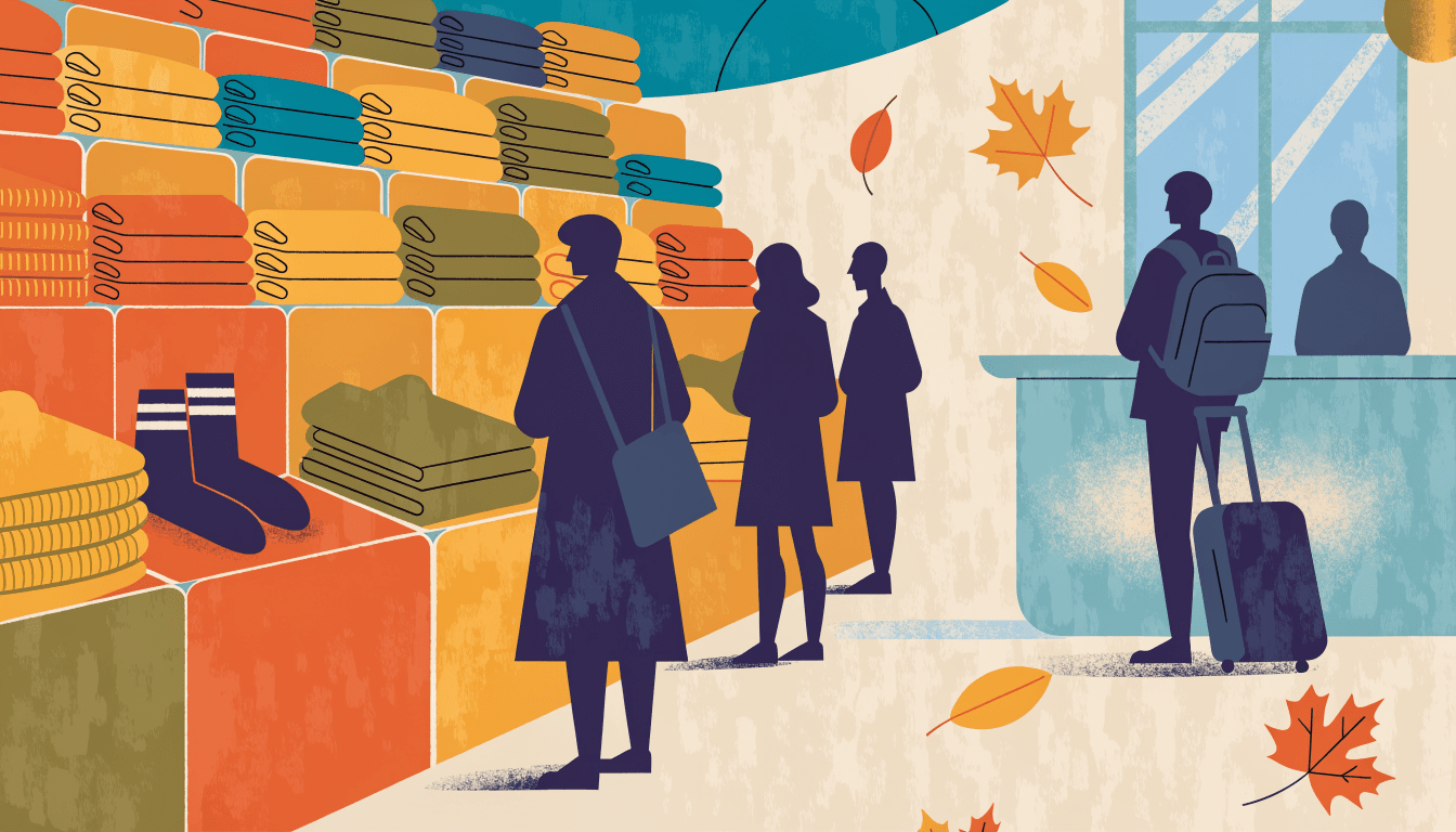 Illustration of a department-store floor in early autumn: silhouetted shoppers in coats and scarves browse racks of knitwear while, beside a bright duty-free counter, another figure with a wheeled suitcase completes a purchase, autumn leaves drifting past a tall window.
