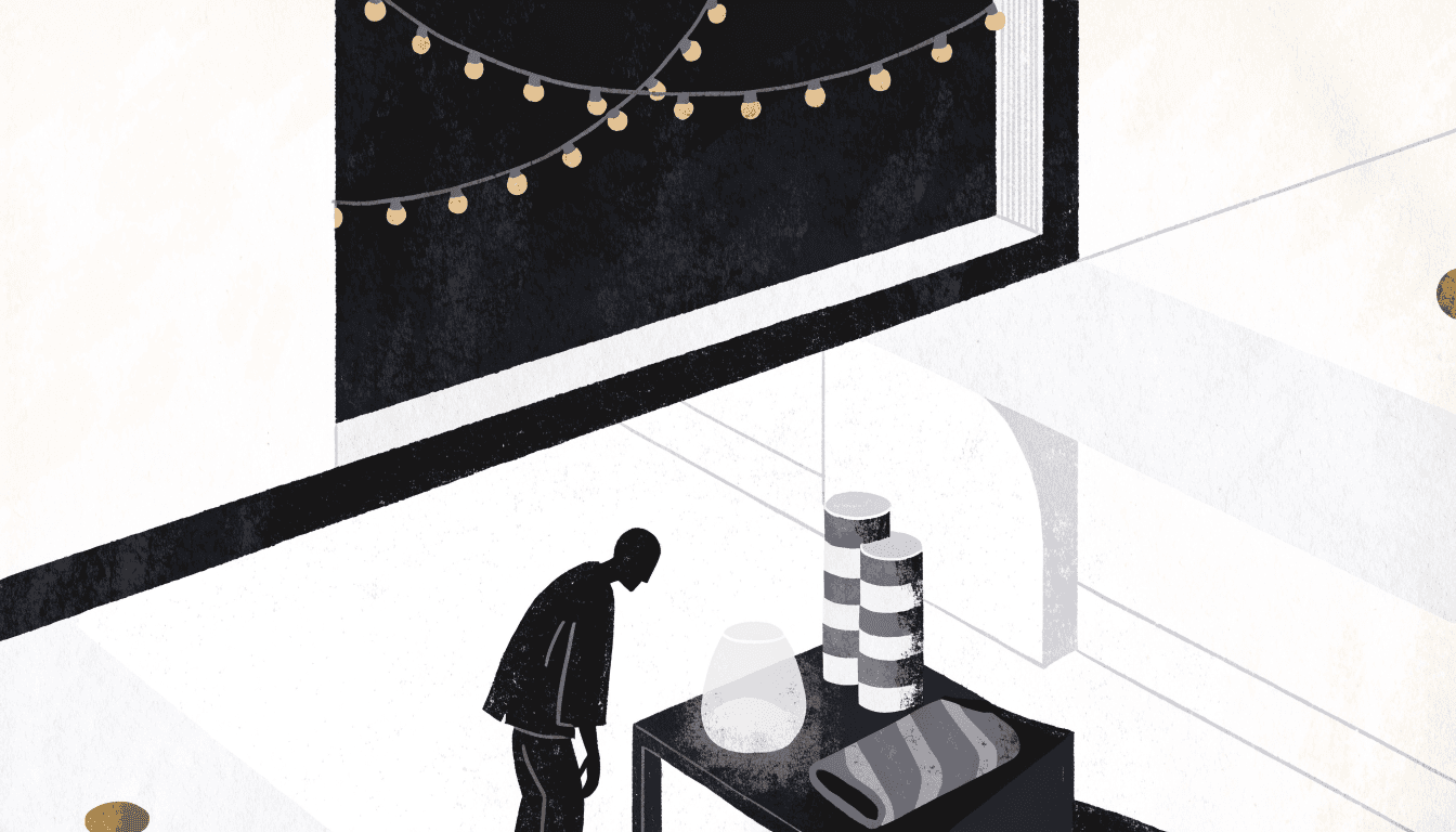 Editorial illustration of a warmly lit department-store pop-up corner at night, a low table with a softly glowing humidifier, a stack of tea tins and a folded recovery wrap, one silhouette figure in loungewear browsing under string lighting with a dark window beyond.