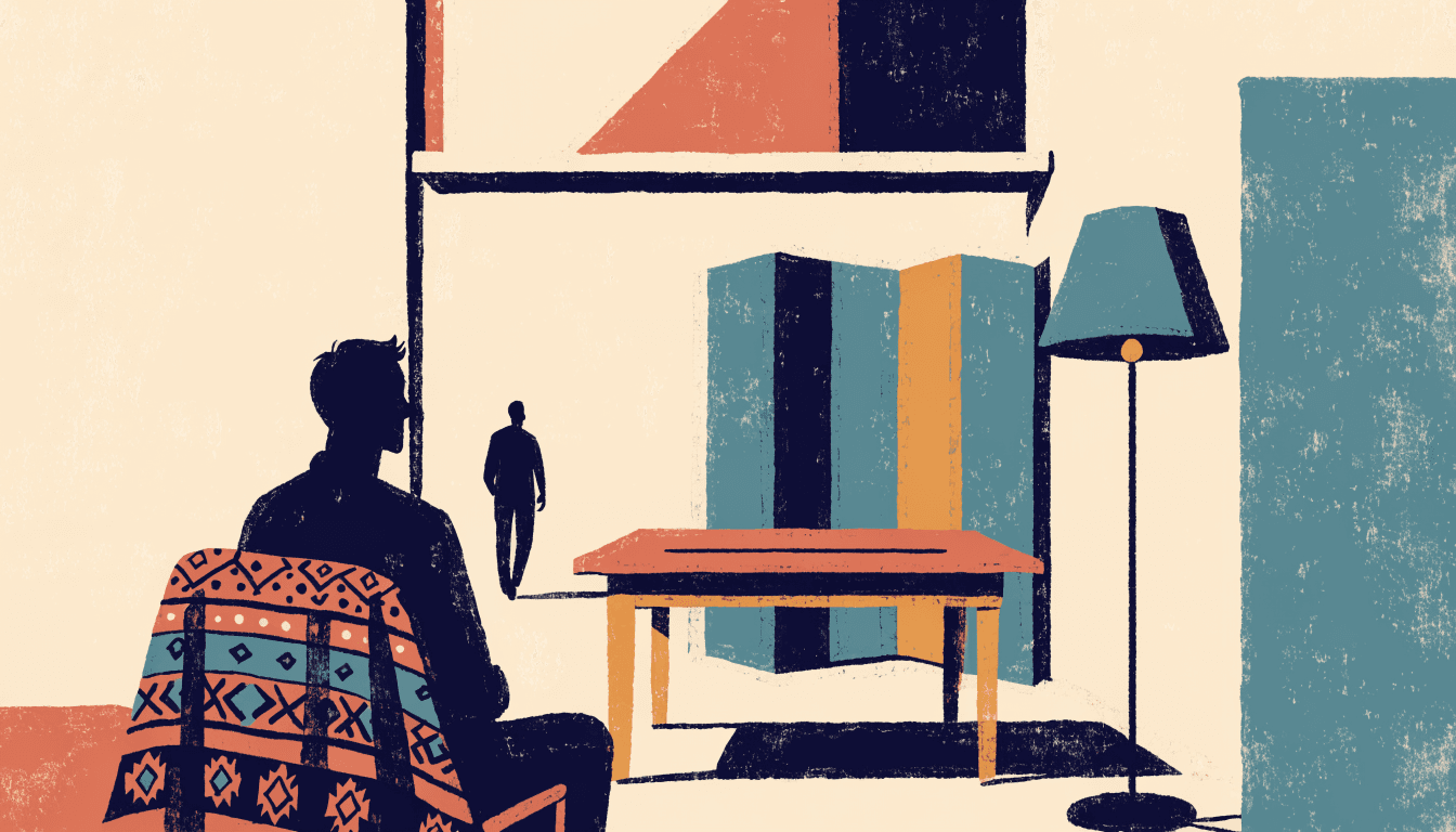 Warm editorial illustration of a sunlit showroom interior with a low wooden table, a folding screen and a floor lamp, a patterned textile draped over a chair, two silhouette figures.