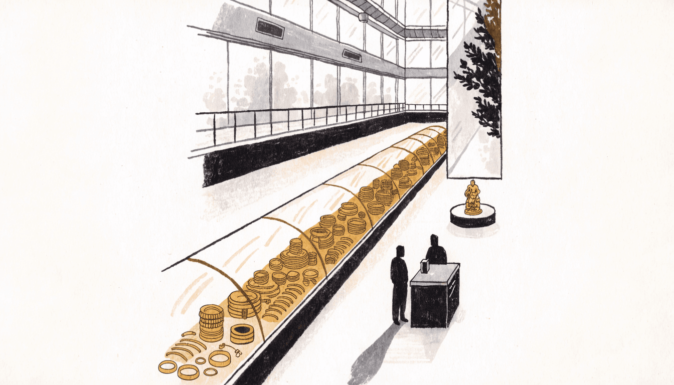 Editorial illustration of a department-store gold-fair hall, a long glass display case glowing with stacked gold jewellery and a small gilded collectible figure on a pedestal, with a buyback counter and two silhouette figures nearby.