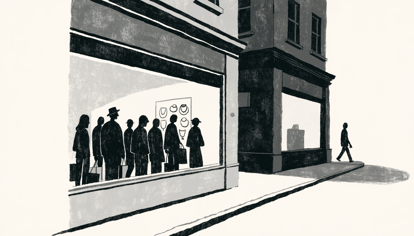 Two facing storefront windows on a shopping street — one bright and busy with silhouette shoppers, the other calmer with an empty pedestal and a single passer-by