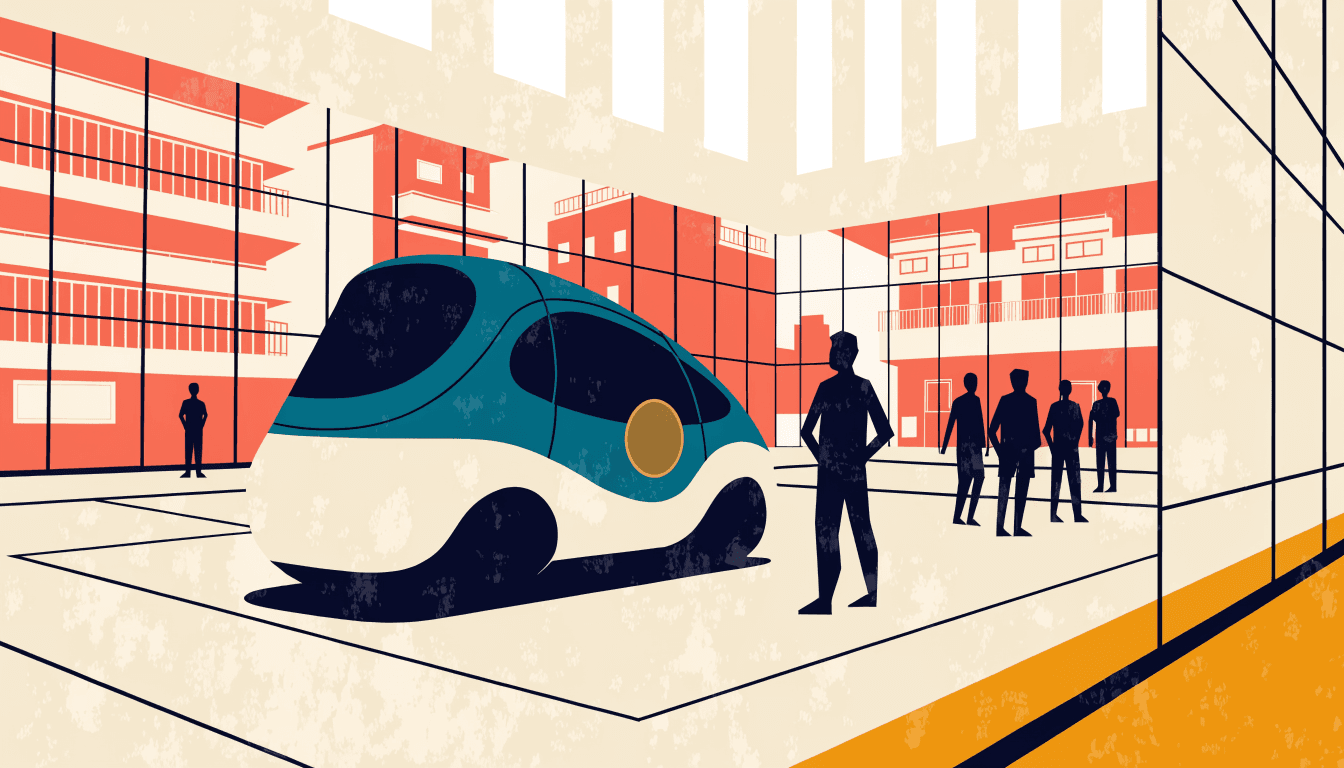 Editorial illustration of a sleek two-seat concept vehicle on display in a bright glass-walled atrium, with onlookers in silhouette gathered nearby.
