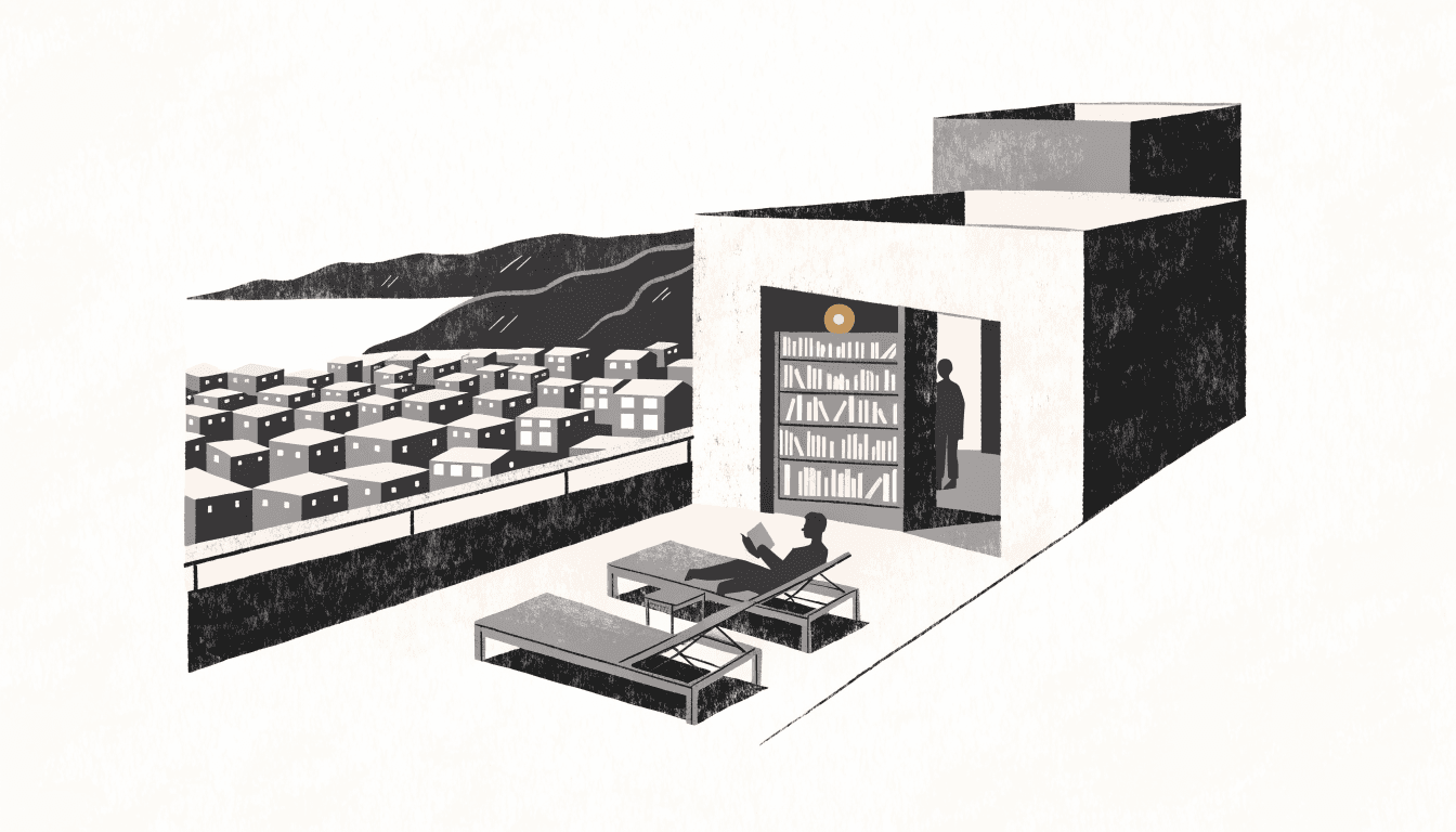 Editorial illustration of a small boutique hotel's rooftop terrace at dusk overlooking a coastal town, wicker loungers and a library nook under warm lantern light, a silhouette figure relaxing with a book.