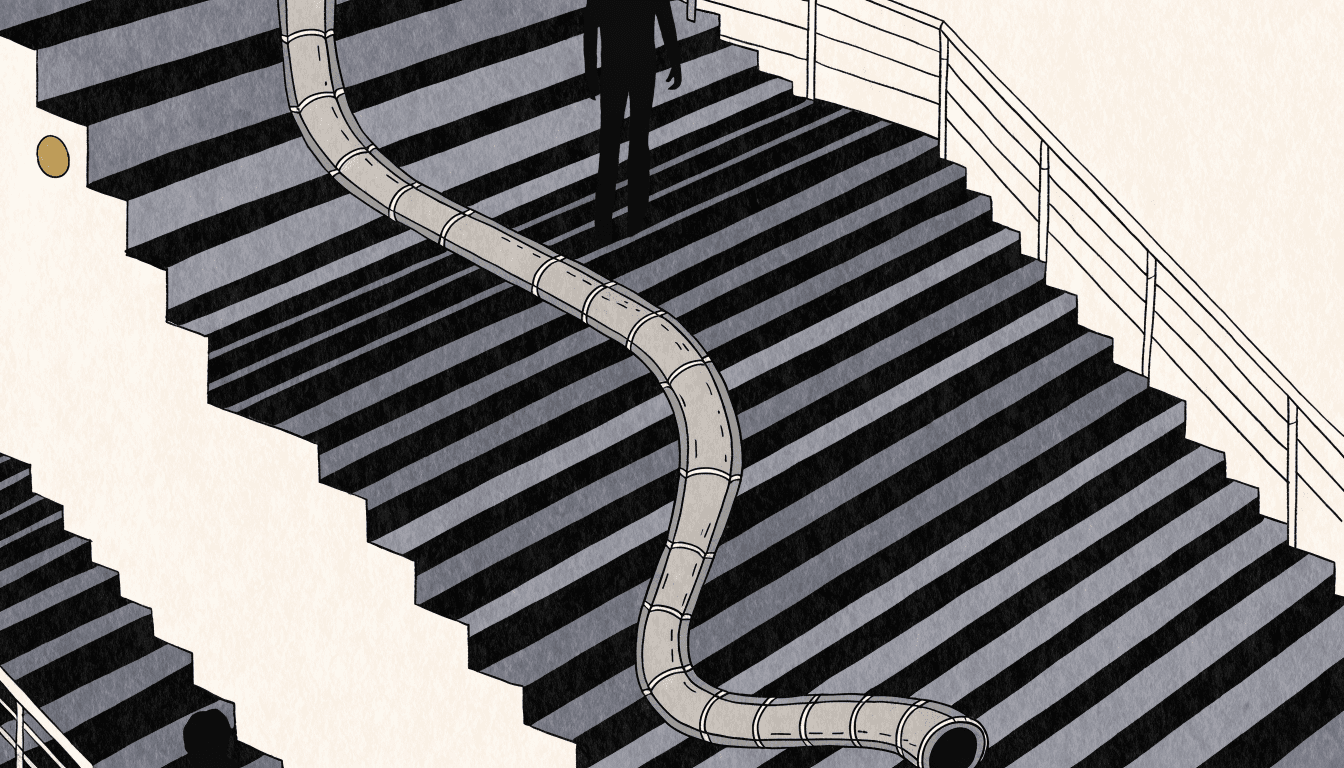 Illustration of a bamboo flowing-noodle channel winding down a grand staircase with a figure descending.