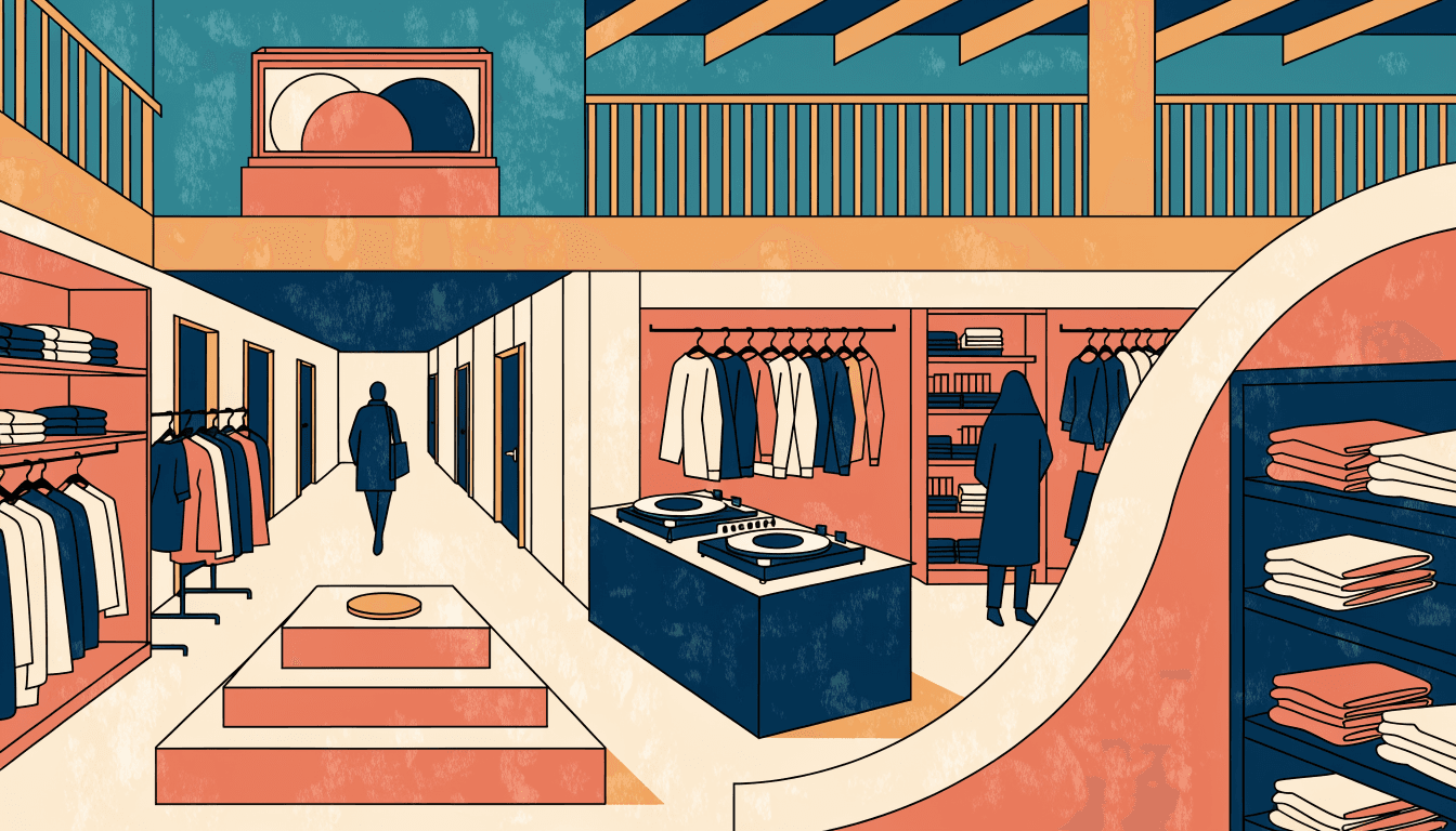 Bold flat-vector illustration of a two-storey Shibuya streetwear boutique: a long illuminated entrance corridor, layered display plinths and a DJ booth, with shoppers in silhouette, in a warm cream, petrol-teal and terracotta palette.