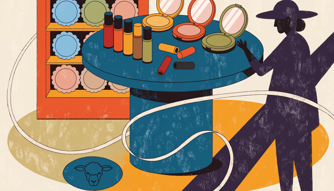 Bold, warm editorial illustration of a small variety-store cosmetics display, pastel pressed-powder compacts, tinted lip products and compact mirrors arranged on a round table with a soft ribbon and a small sheep-emblem motif nearby, a silhouette shopper reaching for an item under bright everyday shop lighting.