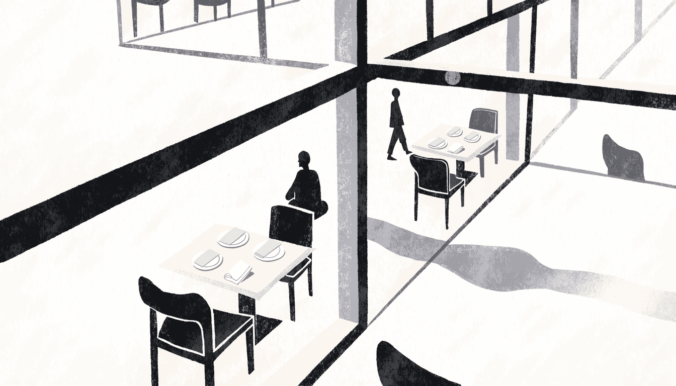 A bold, warm flat-vector illustration of an elegant Ginza cafe interior with pastel table settings and soft afternoon light.
