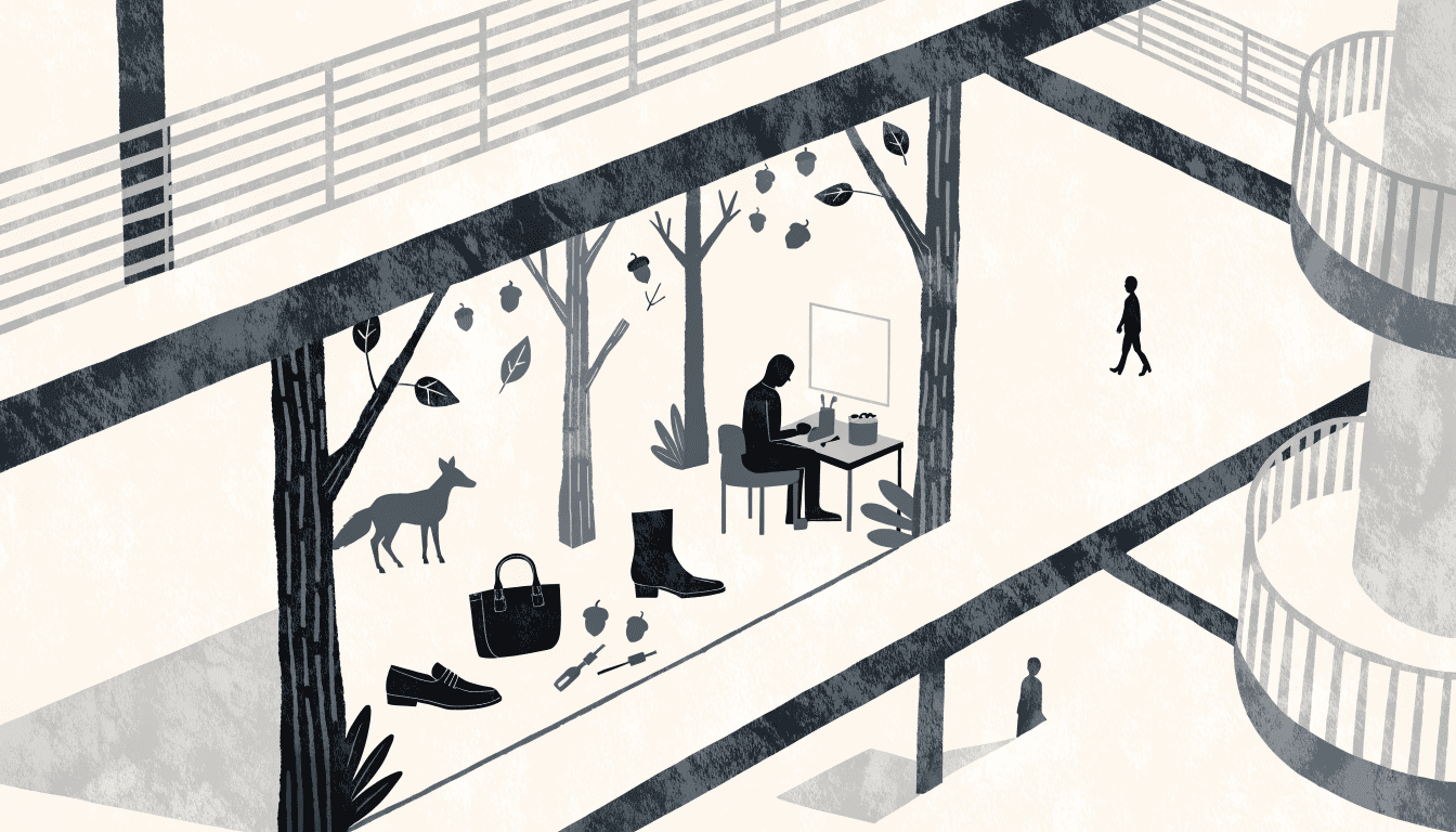 A calm, near-monochrome editorial illustration of an Italian autumn forest pop-up display inside a department-store atrium, with leather goods and a craftsperson seated at a small workbench.