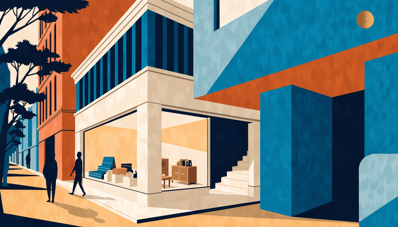 A flat-vector illustration of a two-storey craft boutique glowing at dusk on a tree-lined Ginza side street, with a stairway leading to a warm basement level.