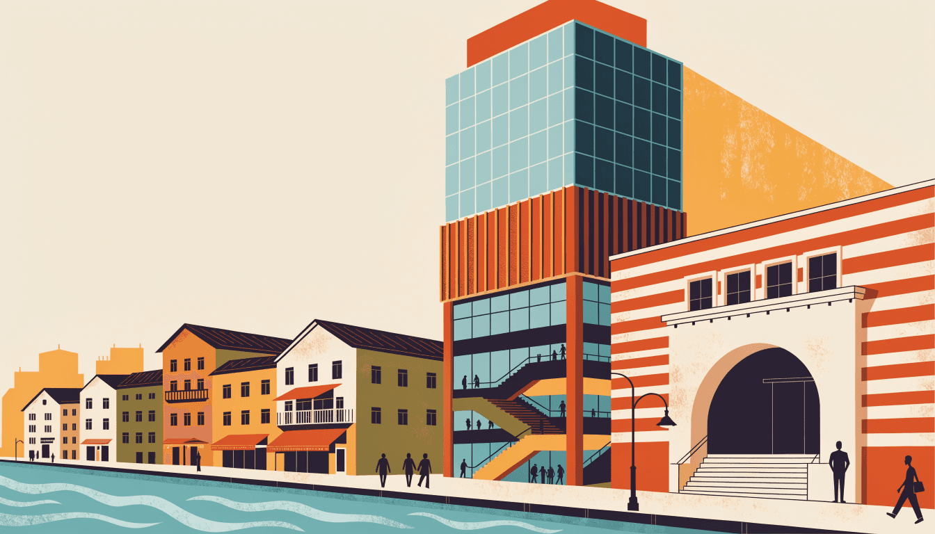 Illustration of a slender riverside tower rising above a historic low-rise Nihonbashi street, its glass base opening into layered retail arcades beside a grand hotel entrance.