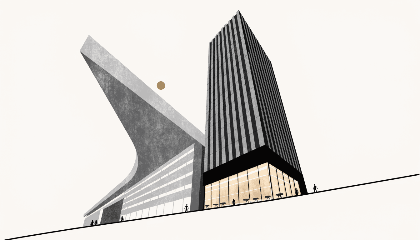 Illustration: a newly completed tower seen from below along a steep diagonal, its glazed dining arcade lit warmly at street level as small silhouetted figures pass by.