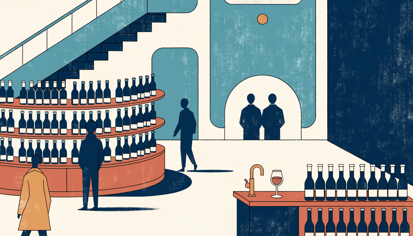 Illustration of an elegant wine specialty shop in a department-store basement, rows of bottles on curved shelving beside a tasting counter.
