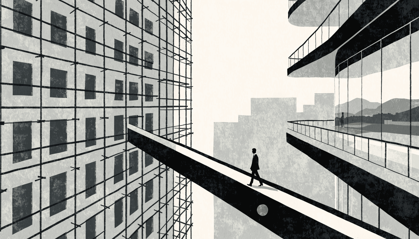Flat-vector illustration pairing an office tower under construction with a calm hotel terrace overlooking distant hills, joined by a diagonal skywalk with a silhouette figure crossing it and a golf green visible beyond.
